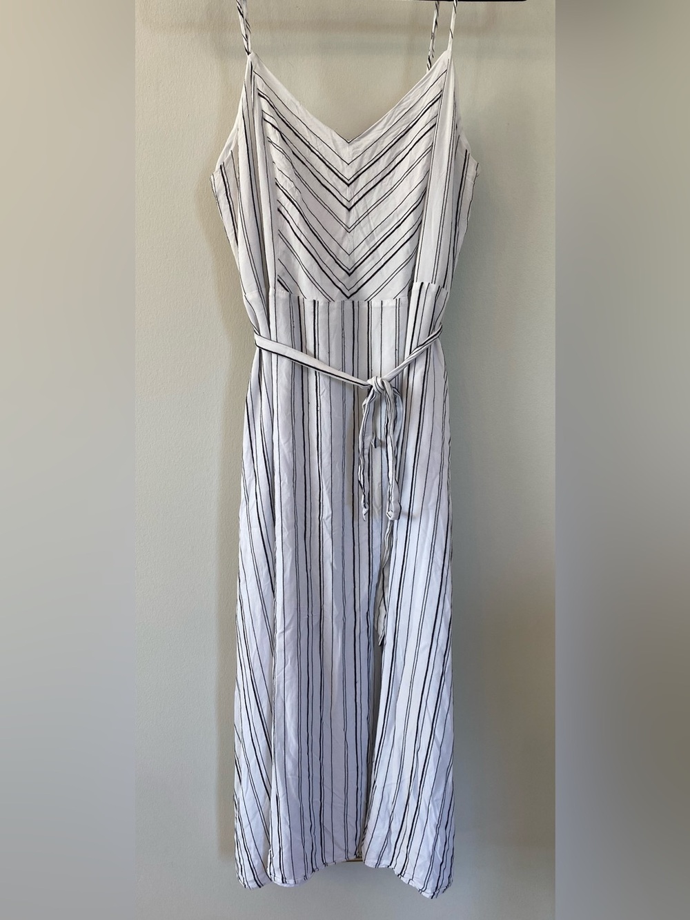 LOFT White Maxi Dress with Black Vertical Stripes and Tie Waist